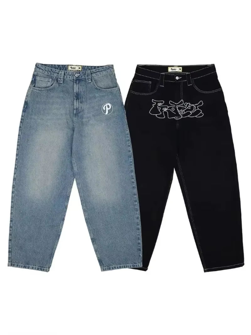 PROTECT Streetwear Jeans Y2K Mens Pants Harajuku Hip Hop Letter Embroidery Vintage Blue Baggy Jeans High Waist Wide Leg Trouser