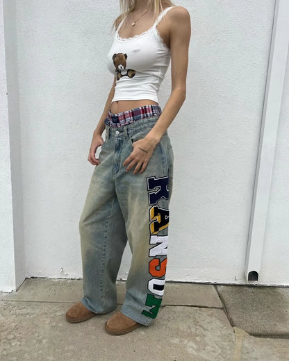 Y2K Gothic Heavy Industry Letter Embroidery Patch Mid Rise Harajuku Street Punk Casual Wide Leg Jeans Light Blue Wide Leg Pants