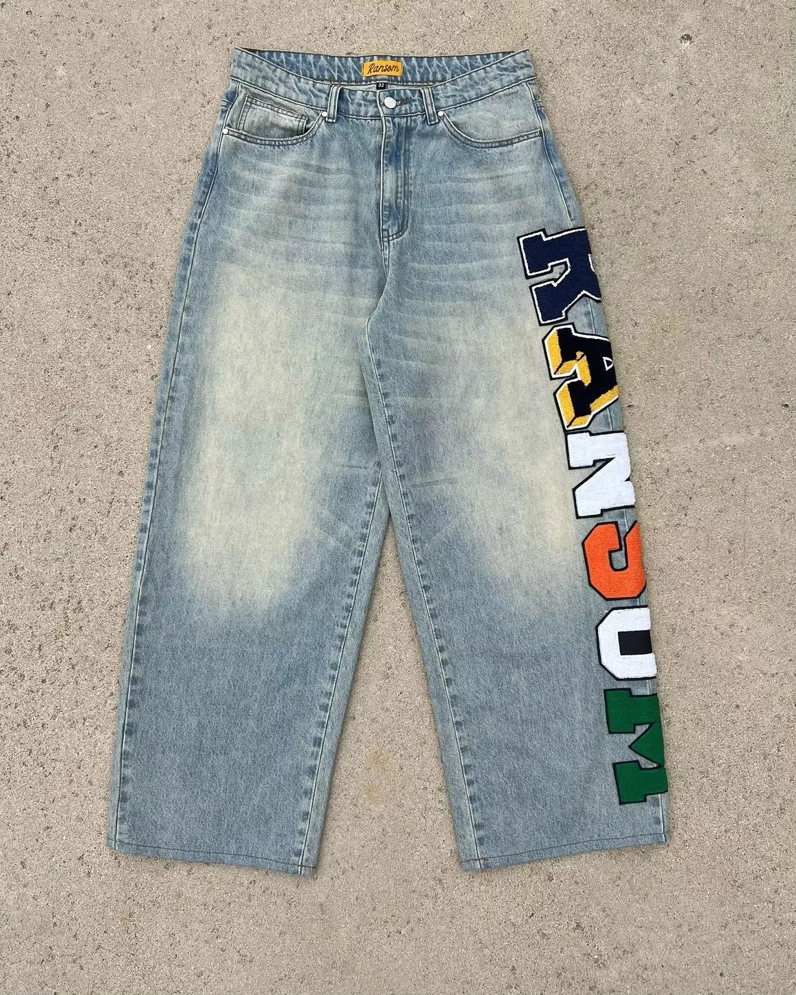 Y2K Gothic Heavy Industry Letter Embroidery Patch Mid Rise Harajuku Street Punk Casual Wide Leg Jeans Light Blue Wide Leg Pants