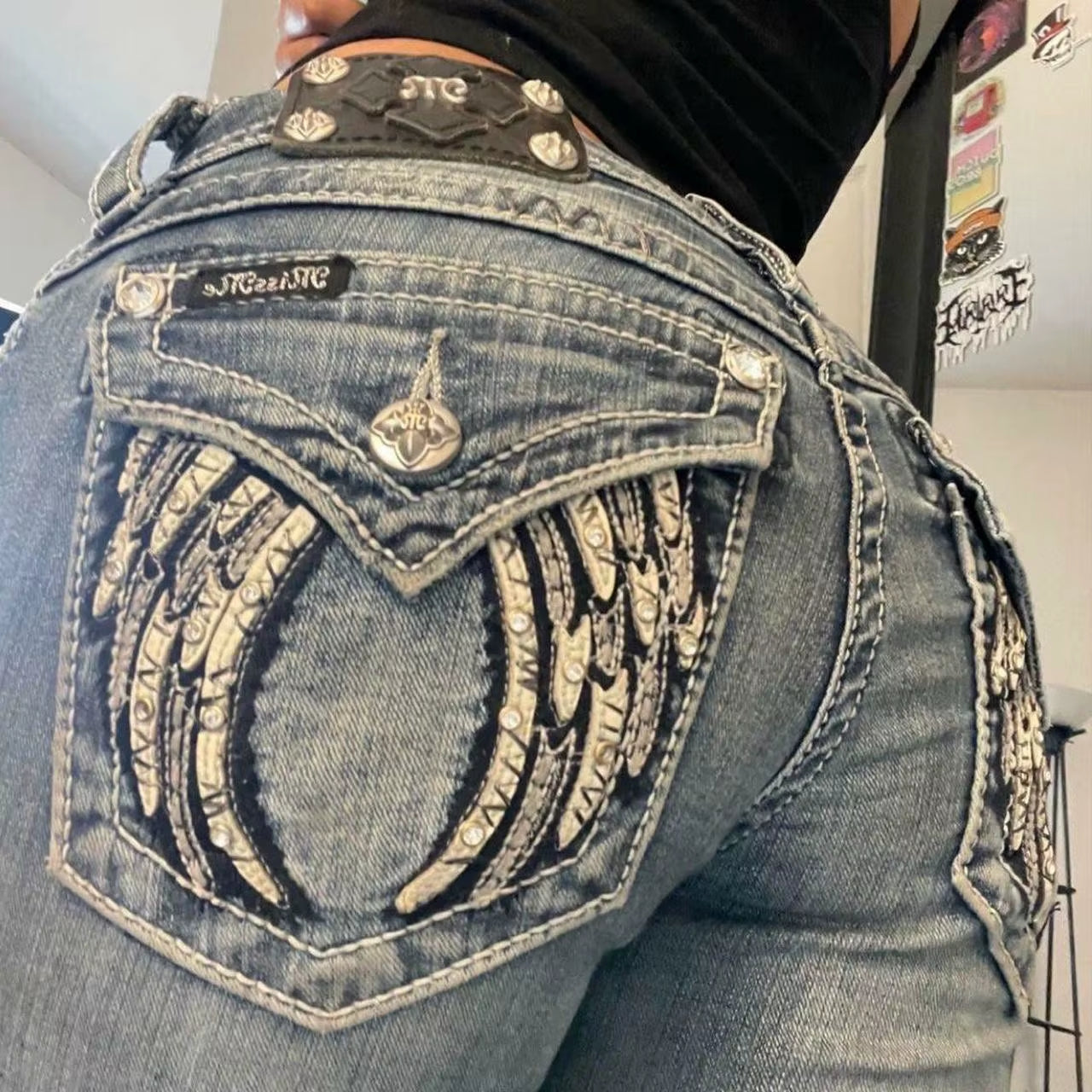 Y2K Fashion Retro Punk Llow Waist Bootcut Jeans Women Harajuku Wings Graphic Embroidered Pocket Pants Gothic Blue Denim Trousers